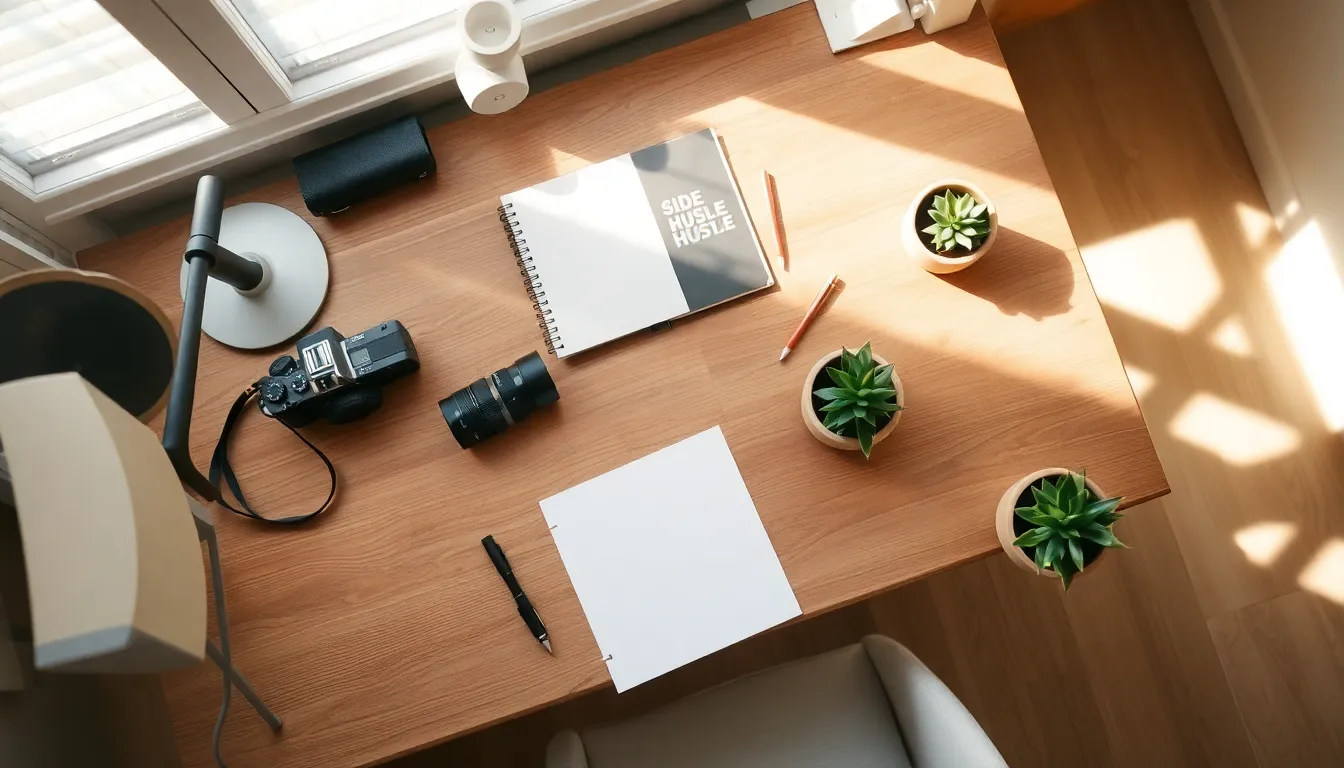 N잡을 위한 노트북과 커피, 서류 이미지